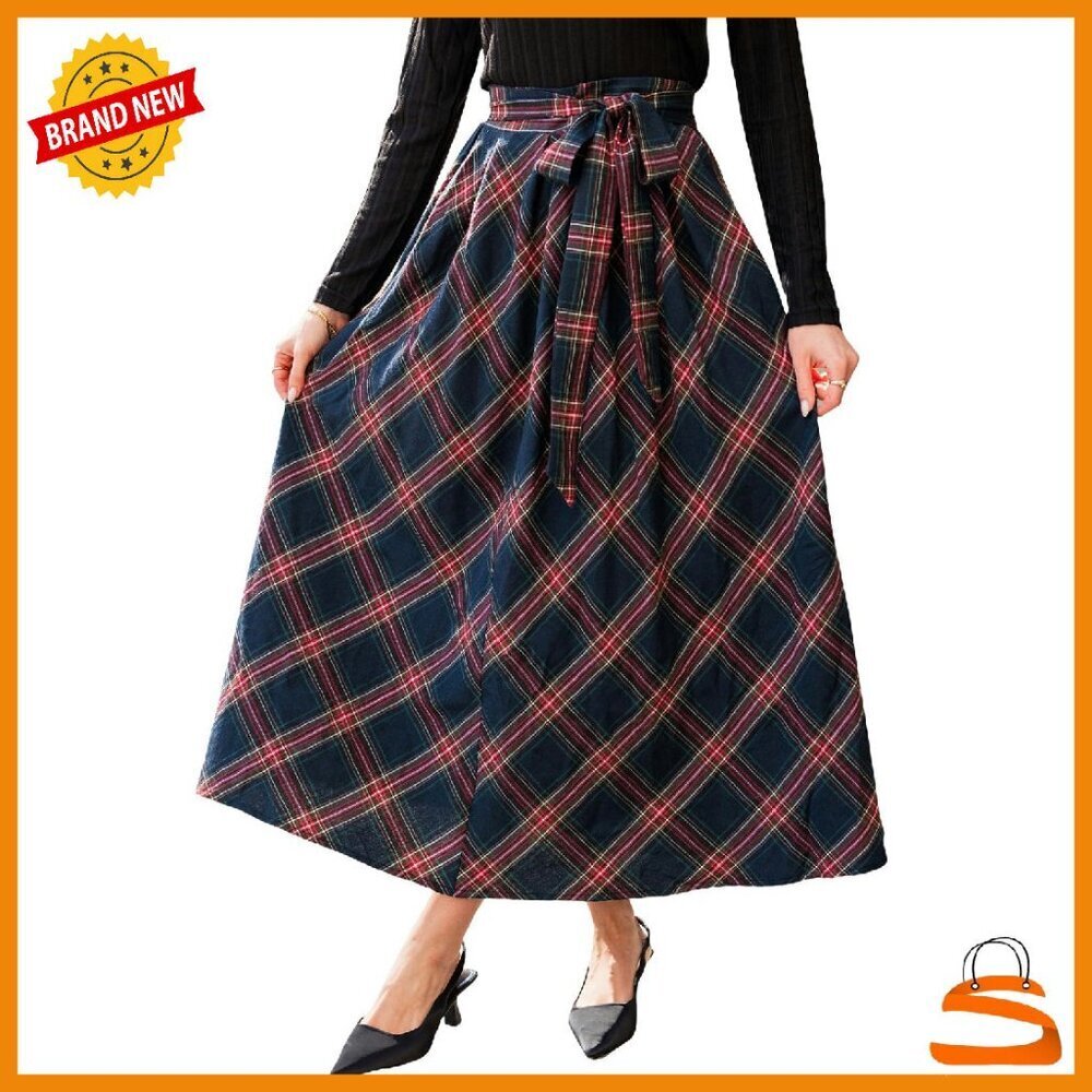 Plaid Maxi Skirt with Pockets, A-Line Tie Waist, Vintage Office Casual